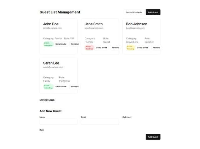 Thumbnail for prompt: ### **Guest List Management**

- **Add Guests**: Users can manually add guests or import them from their contacts.
- **Group Guests**: Ability to group guests (e.g., family, coworkers, friends).
- **Assign Roles**: The ability to assign different roles to guests (e.g., VIP, speaker, performer, etc.).
- **Guest Count Tracker**: Track total number of invited guests, RSVPs, and declines.

### 4. **Invitation System**

- **Customizable Invitations**: Users can create and send digital invitations via email or text, selecting from pre-designed templates.
- **RSVP Tracking**: Allow guests to RSVP directly through the app.
- **Reminders & Notifications**: Send automatic event reminders to guests who haven’t RSVP'd or those who confirmed attendance.