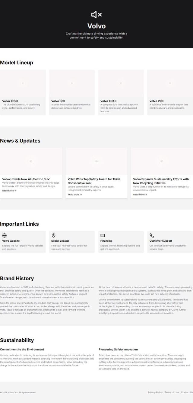 Thumbnail for prompt: Can you generate a really good looking information page for a car brand. so forexample we have volvo and want to display a page for that, with a lot of different information, links to important pages, news, etc..