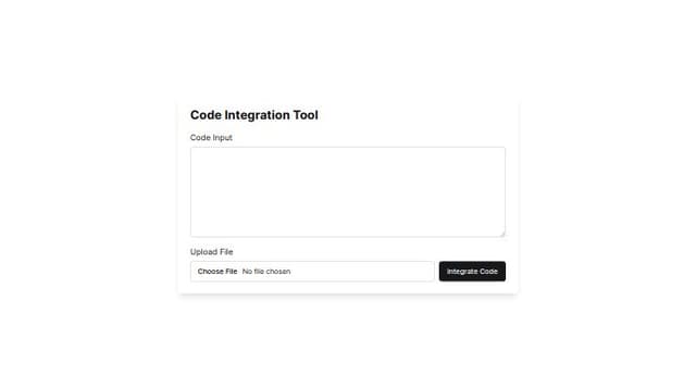 Thumbnail for prompt: create a UI for a Code Integration Tool that includes a code input field, file upload, integrate code button, output that includes a code diff checker 