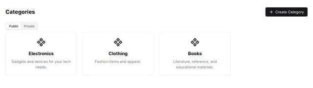 Thumbnail for prompt: create a page that displays list of category cards each category has icon, name and description , there should be two lists one for public and other for private categories and there should be a button that navigate to page that is used to create category, each list should be in a tab