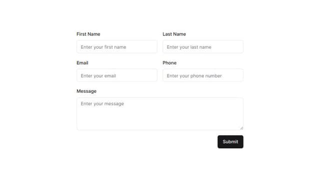 Thumbnail for prompt: create a responsive shadcn form with on the same row in two column (firstname, lastname) second row in two colum (mail,phone number) and a thrid row of full width whith message