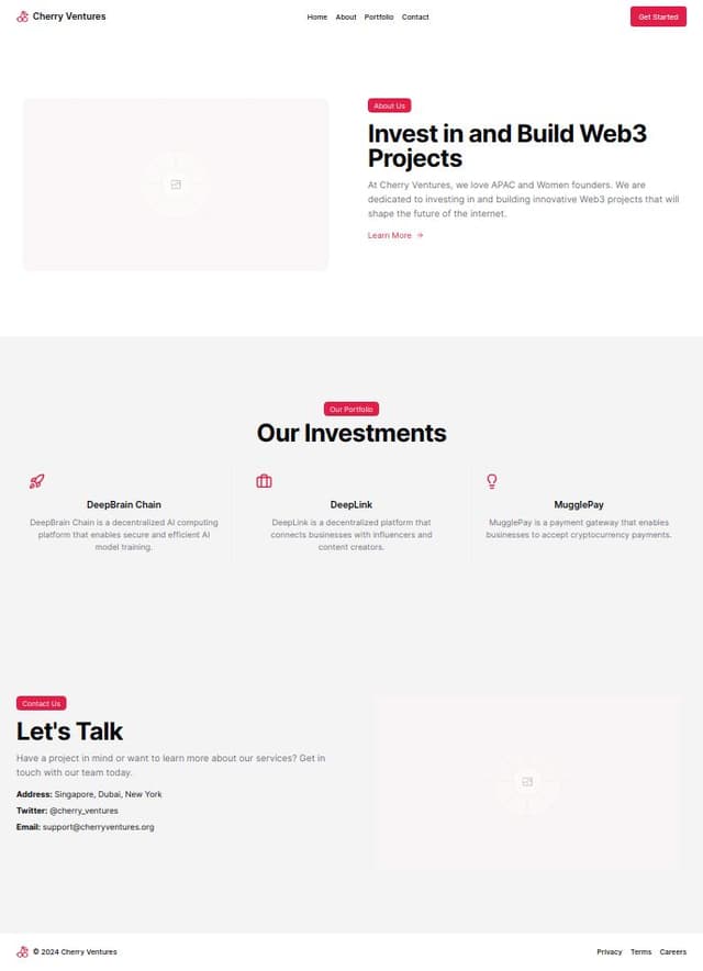 Thumbnail for prompt: There are 3 components:

About : Invest in and Build Web3 Projects. We love APAC and Women founders

Portfolio: DeepBrain Chian, DeepLink, MugglePay

Contact US: Address (Singapore, Dubai, New York), Twitter @cherry_ventures E-mail : support@cherryventures.org