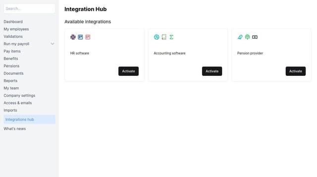 Thumbnail for prompt: Integrations page with a left side nav bar with toggle elements that show as submenu. And a main page with different blocks for each integraton. 