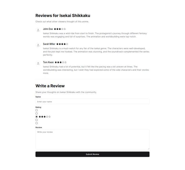 Thumbnail for prompt: Create a feature for the website https://ogladajanime.pl/anime/isekai-shikkaku that allows users to add reviews.