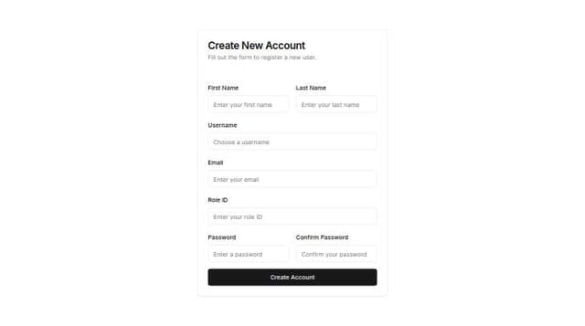 Thumbnail for prompt: using chad cn create a form for this data 
{
    "username": "support",
    "email": "support@zinad.com",
    "first_name": "fir@st",
    "last_name": "last",
    "role_id": 3,
    "password": "123456789",
    "password_confirmation": "123456789"
}