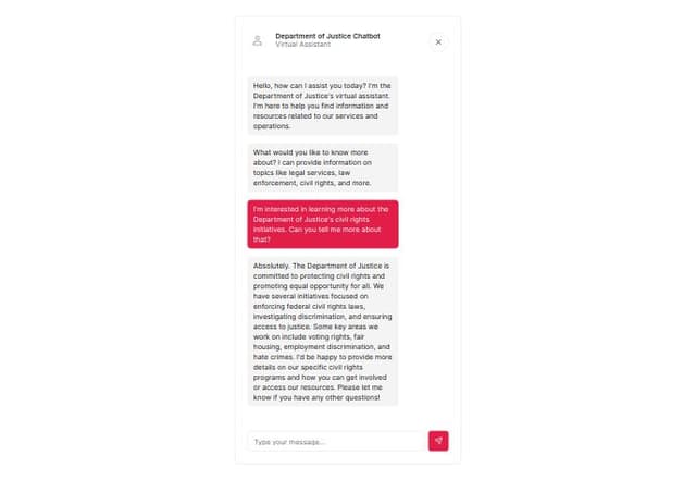 Thumbnail for prompt: 
Developing an Al based interactive Chatbot or virtual assistant for the Department of Justice's Website.