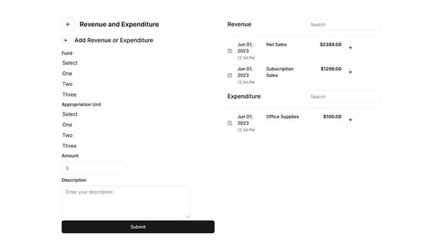Thumbnail for prompt: Design a robust User Interface that manages both revenue and expenditures for one-time costs over the next three years, and ongoing costs starting from the next fiscal year. Each revenue and expenditure line item should be associated with a specific fund and appropriation unit. The interface needs to be able to neatly show multiple expenditures and records on the same page, while also being able to add more. The interface should be intuitive and user-friendly, allowing users to input, view, modify, and track these financial elements with ease.

