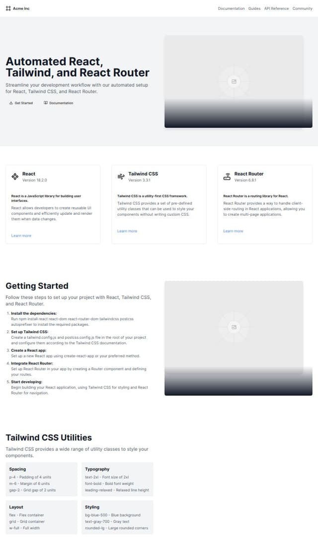 Thumbnail for prompt: A single page documentation site for a automated react, tailwind and react-router file from the terminal 