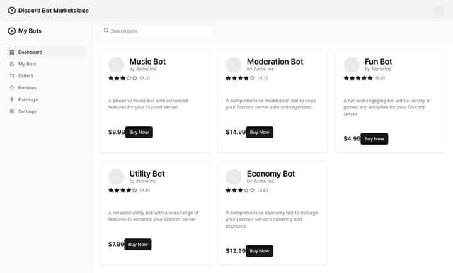 Thumbnail for prompt: Discord Bot Marketplace Dashboard with Stripe Integration

Administrative Panel for Sellers:
A panel enabling developers to list their Discord bots for sale. Sellers should have the ability to add descriptions, images, prices, and other details about their bots.

Bot Browsing and Discovery:
An interface for users to browse available Discord bots, sort them by various criteria, and search for bots based on specific tags or categories.

Integration with Stripe:
Implementation of online payments using popular systems such as Stripe, allowing buyers to securely purchase bots.

Transaction Management:
A system for managing transactions and purchase history for users, enabling them to track payment statuses and download purchased bots after successful transactions.

Reviews and Ratings:
A feature allowing users to leave reviews and ratings for purchased Discord bots, assisting other users in making informed purchasing decisions.

Security and Data Protection:
Ensuring appropriate security me
