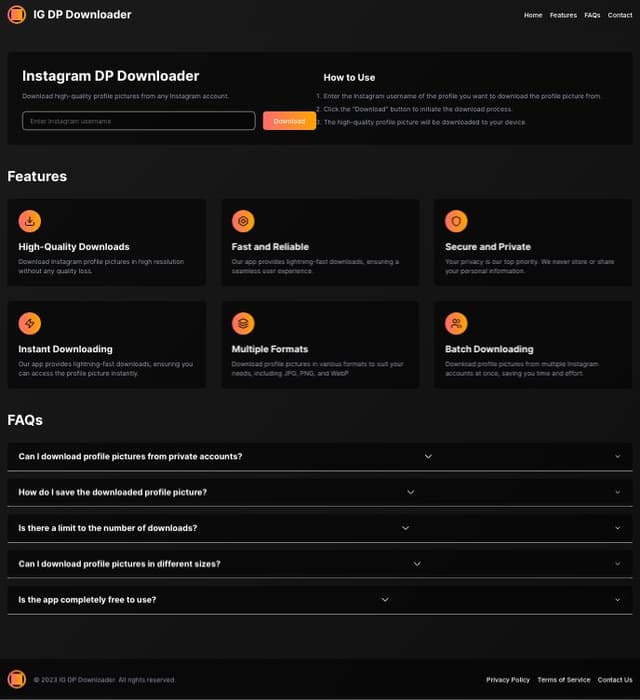 Thumbnail for prompt: Instagram dp downloader ui with features, how to use, faqs, header, footer with dark background glass like and glowing buttons more features and more faqs rounded all theme use responsive header dark remove emoji, animated glowing colours full element in background also add