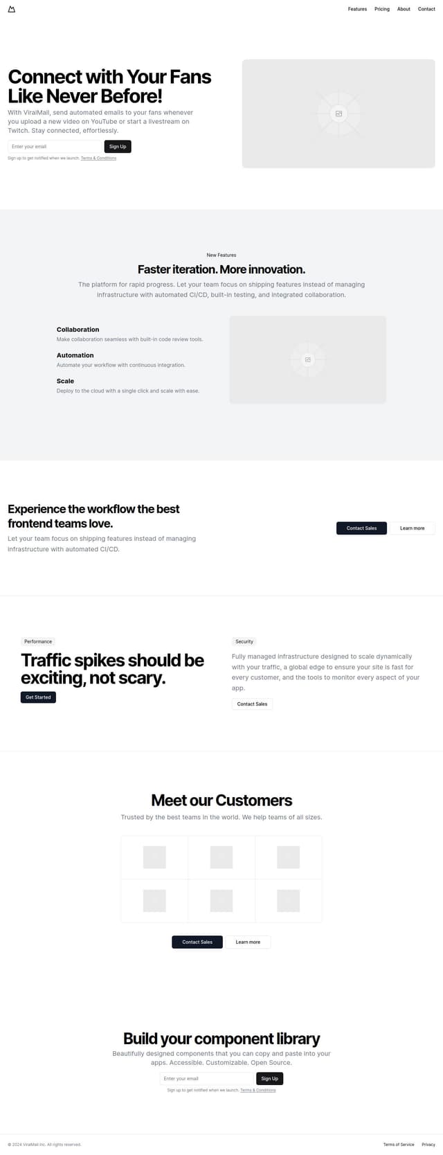 Thumbnail for prompt: Make an email landing page of an app to send automatic emails for influecner every time they upload a video in youtube or starting a livestreaming in twitch called: "ViralMail"

- Responsive navbar.
- Hero section with email input and a catchy title and subtitle 
-  Key features
- Customer reviews comments
- Footer