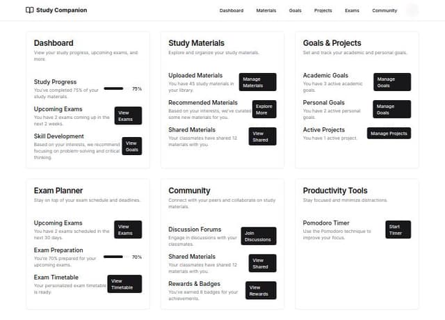 Thumbnail for prompt: Project Title: Study Buddy Web Application

Develop a Next.js web application designed to be a comprehensive study companion for students. The app will enable users to upload and organize study materials, set academic and personal goals, manage projects, and track exam dates, all while receiving personalized schedules. Key features include user authentication, a searchable database for study materials, intelligent timetable creation, and skill development recommendations based on user interests.

Incorporate a rewards system to track progress and motivate users through badges and points. Facilitate collaboration by allowing users to share materials and engage in discussion forums. Implement distraction management tools like a Pomodoro timer and website blockers to enhance focus.