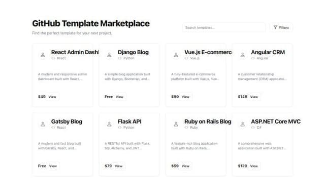 Thumbnail for prompt: a boilerplate github template marketplace with a list or grid of projects displayed. Add some filters to search. Note that some projects are free and some have a fixed price
