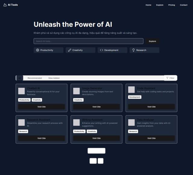 Thumbnail for prompt: Here's a concise summary of the OpenFuture AI website layout:

Header: Logo, navigation menu, dark background with constellation pattern.
Hero section: Title, subtitle in Vietnamese, key features, search bar.
Main content:

Tabs: ALL, RECOMMENDED, NEW ADDED
Left: List of AI tools (name, logo, description, tags, "Visit Site" button)
Right: Filter options (newly added, pricing, categories)


Tool entries: Various AI tools listed with brief descriptions.
Pagination: "Show More" button and page numbers.
Footer: Logo, brief description, topic links, terms, copyright info.

Overall design: Dark blue background, white text, clean and organized layout for easy browsing of AI tools.