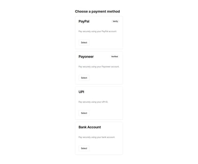 Thumbnail for prompt:  a payment page which has paypal, payoneer, UPI and bank account as options to choose from, next to paypal and payoneer there will be verify or verified as based on what data from database