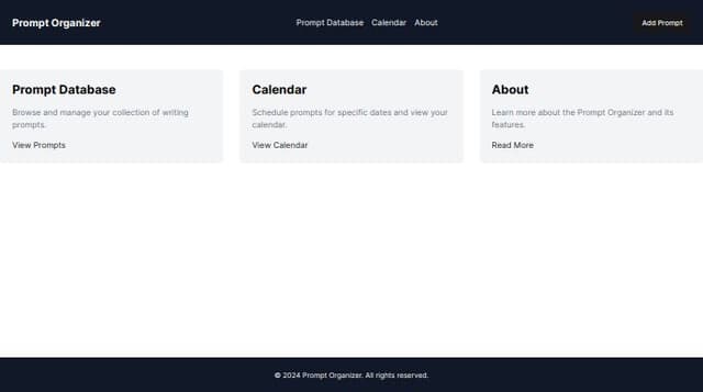 Thumbnail for prompt: prompt organizer in Notion. Here's a simple structure that you might find useful:

Home Page: This is the first page you see when you open the Notion workspace. It should contain links to all the main sections of your prompt organizer.

Prompt Database: This is the core of your organizer. Create a new database for your prompts. Each prompt will be a new entry in the database. The properties for each prompt could include:

Title: The main idea or subject of the prompt.
Description: A detailed explanation of the prompt.
Type: Categorize the prompt (e.g., creative writing, brainstorming, problem-solving, etc.)
Tags: Keywords associated with the prompt to make it easier to search and filter.
Source: Where the prompt came from, if applicable.
Date Added: The date you added the prompt to your organizer.
Calendar View: This is a different view of your prompt database, displayed as a calendar. Here, you can schedule prompts for specific dates. This could be useful if you're following a prompt-