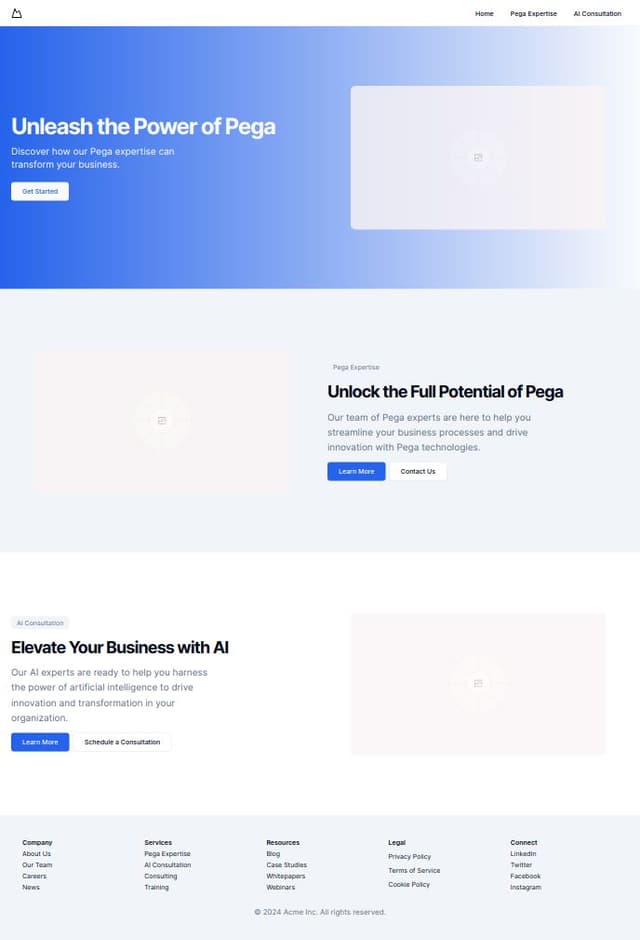 Thumbnail for prompt: one page site with following sectioncs:
- top site menu
- hero
- Pega expertise
- AI consulation
- footer