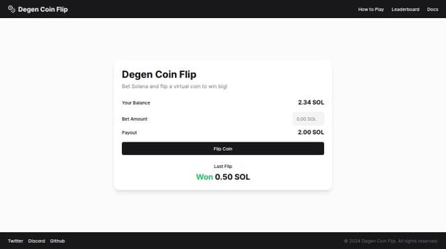 Thumbnail for prompt: Degen coin flip solana gameplay clone website 