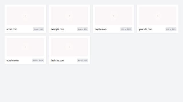 Thumbnail for prompt: Now make it so you can fit more domains into the page width, and the thumbnail needs to be large rectangle above the domain and price.