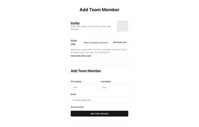 Thumbnail for prompt: 
Create an Invite component with the heading Add Team Member. Include a card with an invite image, heading Invite with a unique link, paragraph, button Generate link, and link How invite links work. Add user inputs for First Name, Last Name, Email, Access Level, and a button Add Team Member. Ensure responsive and attractive styling throughout.