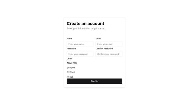 Thumbnail for prompt: put this in a card centered on the page, 2 column grid, and make the office input a select