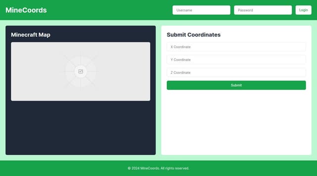 Thumbnail for prompt: Design a website homepage for 'MineCoords', featuring a Minecraft-style interface with a map, coordinate submission form, and user login section in earthy tones.