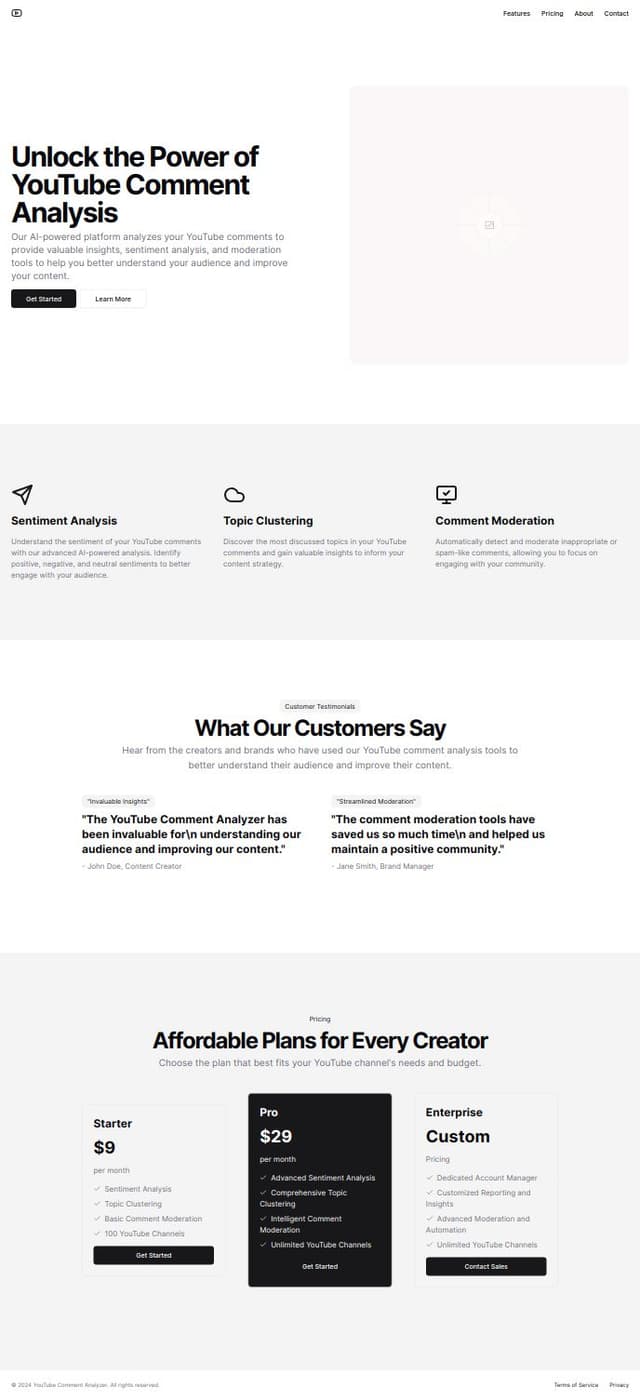 Thumbnail for prompt: make a landing page for a startup that uses ai to analyze youtube comments