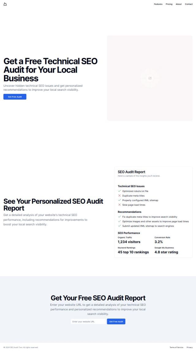 Thumbnail for prompt: A landing page for free technical SEO audit tool for local service businesses. Example report on page
