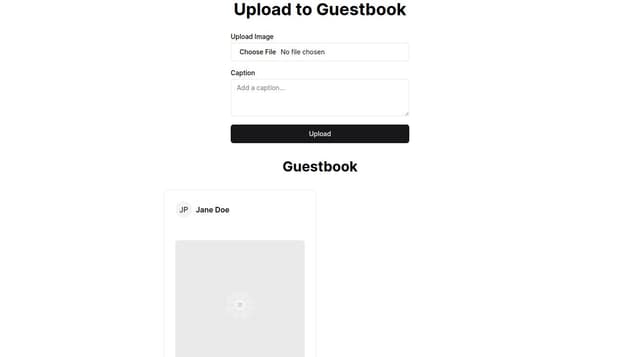 Thumbnail for prompt: A mobile-first web page to upload images to a "guestbook" of other photos. The user should be able to caption their photo if wanted. As well, they should be able to view all uploaded photos thus far.
