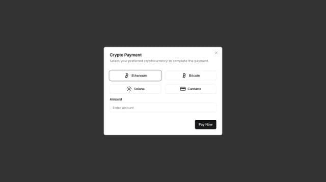 Thumbnail for prompt: create a dialog modal with crypto payment form buttons

crypto options:

ethereum
bitcoin
solana
cardano