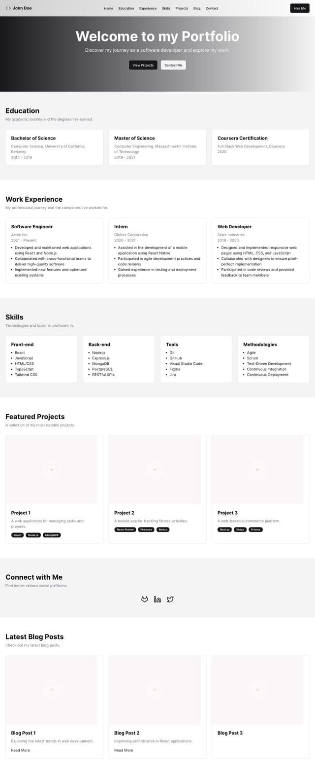 Thumbnail for prompt: create a dev protfolio landing page, that has a eductation, work experience, skills, projects, section for github linked in and twitter, a blog section, a contact section. It should have a nav bar and a footer, give it a gradient background thats animated, 