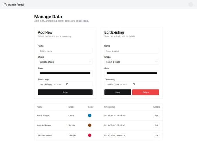 Admin portal: Allows admins to add/edit/delete name,color, and shape ...