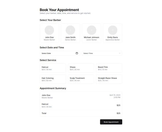 Thumbnail for prompt: An barber shop appointment booking system with select barber, select data & time, select the service (name, price, duration and etc) 