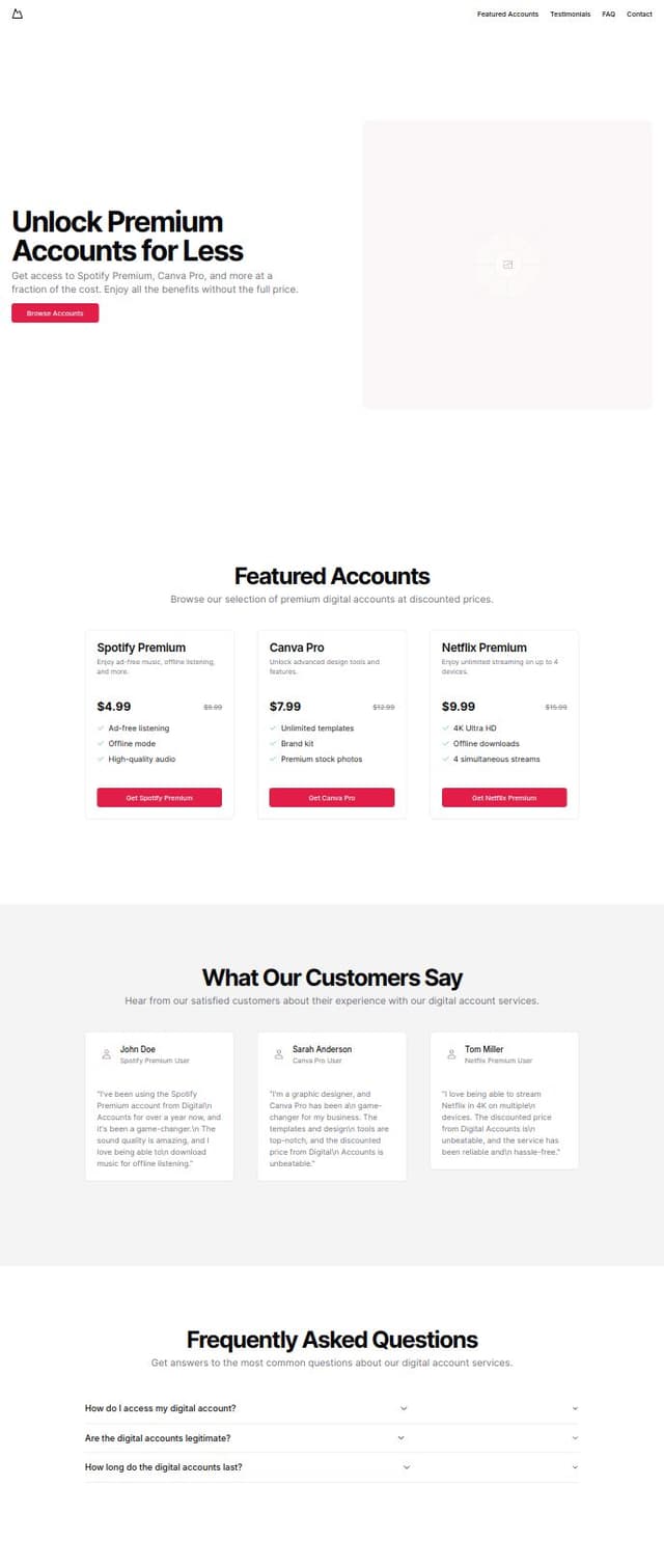 Thumbnail for prompt: create a landing page for digital accounts sellings where the we sell cheap premium or pro accounts upgrade like spotify, canva, streaming, and many more