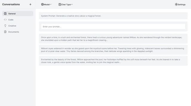 Thumbnail for prompt: A chatgpt UI with a system prompt, a user prompt, a sidebar for old conversation, and a top bar menu with selection of model, of type of chat and settings button