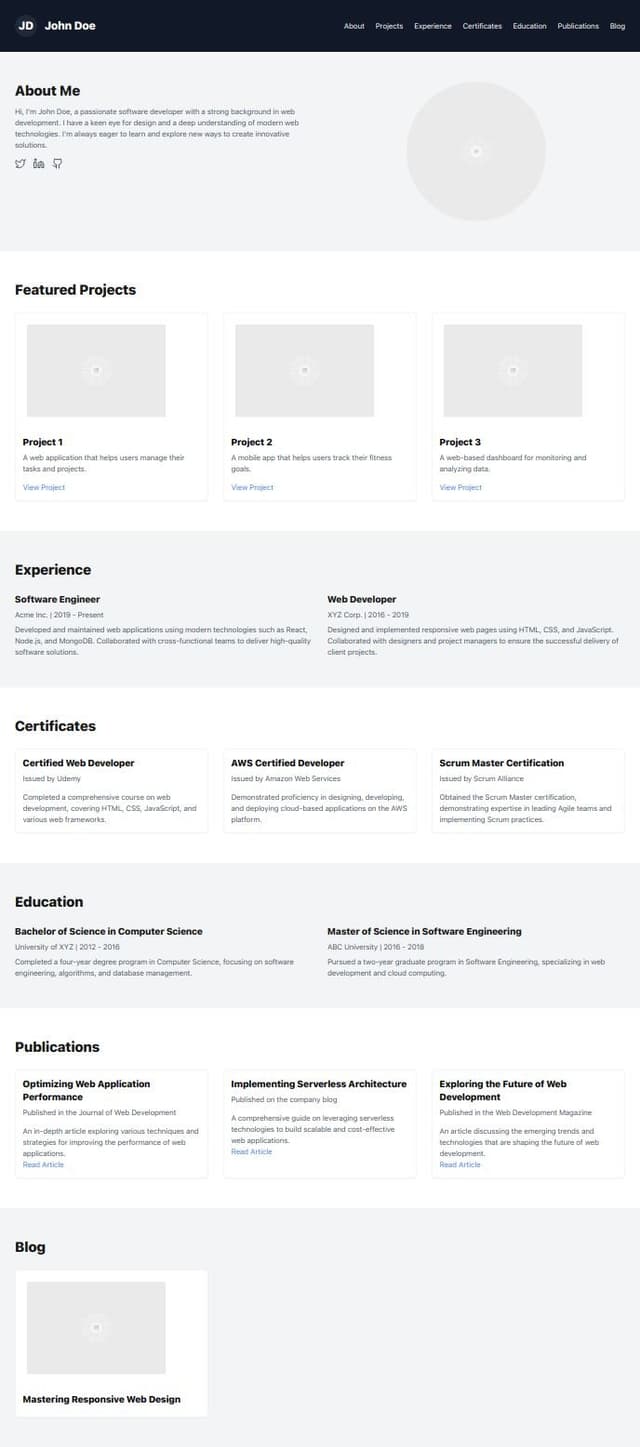Thumbnail for prompt: a personal website for a software developer. Include sections for an about me section with social links, featured projects, experiences, certificates, education, publications, and a blog
