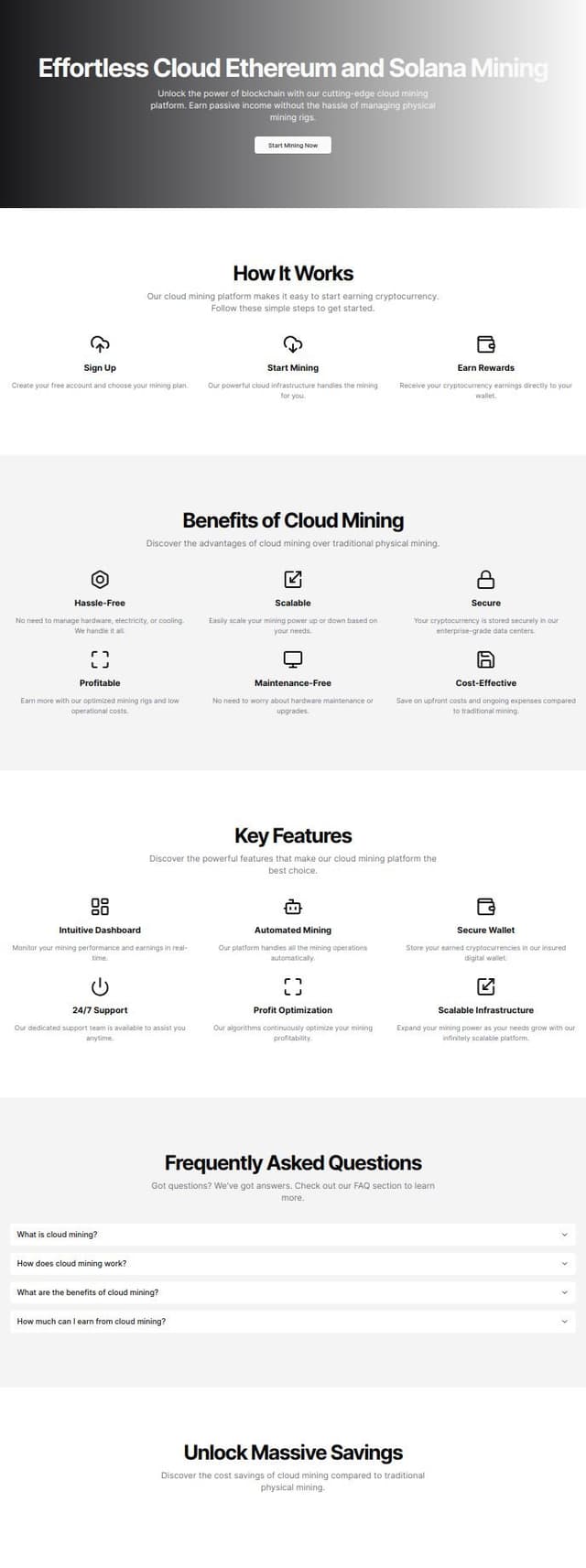 Thumbnail for prompt: A landing page for Cloud Ethereum and Solana Mining website. (How Does it Work, Benifits, Features, FAQ, Savings compared to physical mining, 