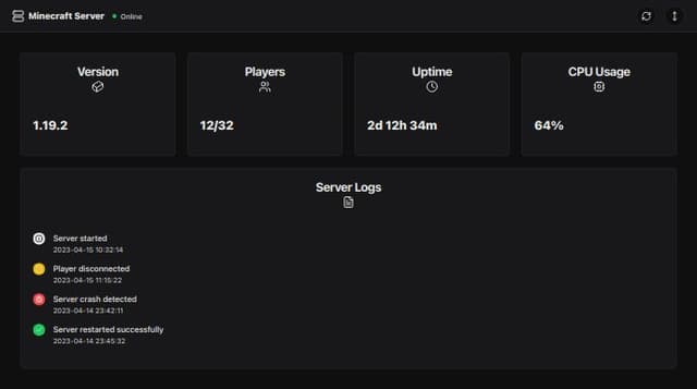 Thumbnail for prompt: Minecraft Server Dashboard Overview page. Server information, start restart hibernate stop and more.