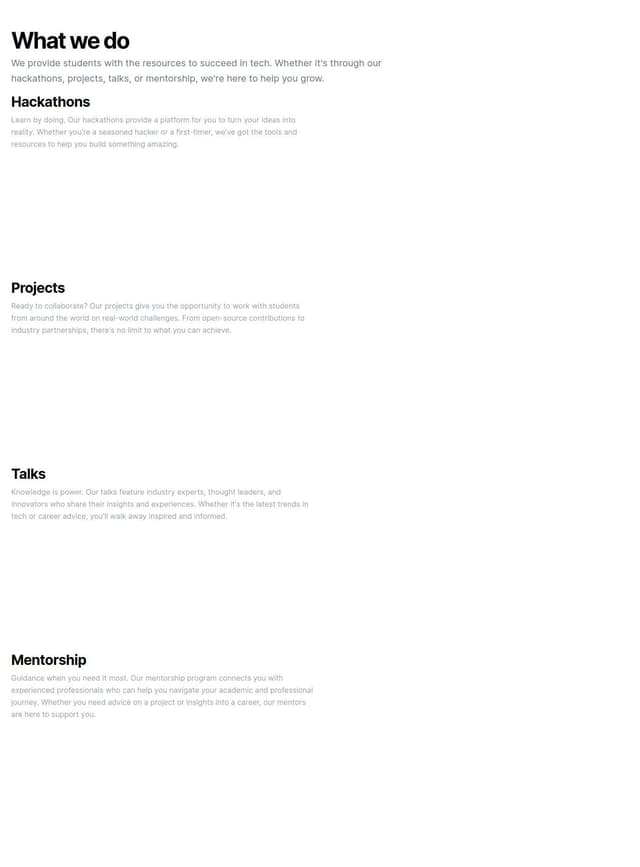 Make a 'What we do section' , it should have 4 sections as Hackathons ...