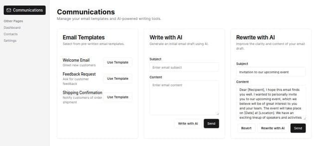 Thumbnail for prompt: Communications page plus email templates
This page would be similar to Liondesk’s communication page where you can send out emails straight from the app. We want to stick to our app’s theme of having a much better UI/UX than other CRMs so this page should look the best. 
A write with AI button 
Also add a rewrite with AI button that would improve the email for clarity and a revert button if the user does not like the rewritten email
Have a button in the sidebar linking to this page.
