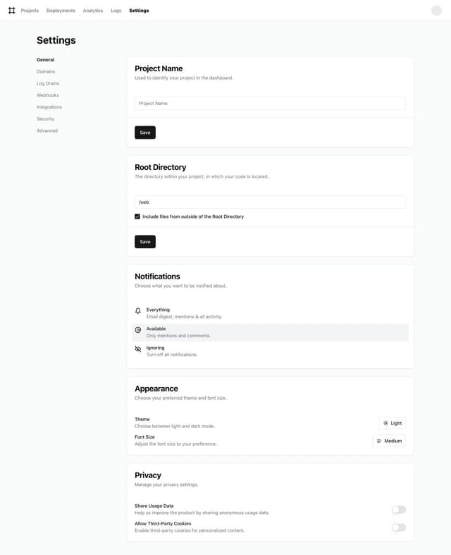 Thumbnail for prompt: Settings page with shadcn ui 