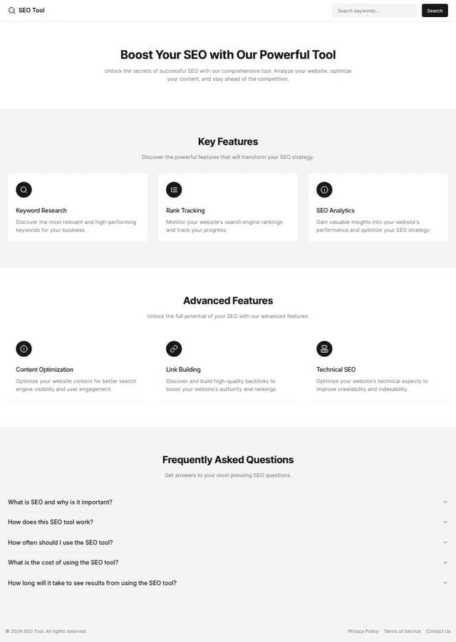Thumbnail for prompt: a seo small tool, keyword search, with feature sections that have three features, and one faq with 5 questions.