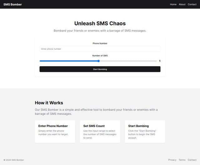 Thumbnail for prompt: create a sms bomber website landing page which also hvae a start sending sms section which takes a phone  number and input type range from 1 to 200