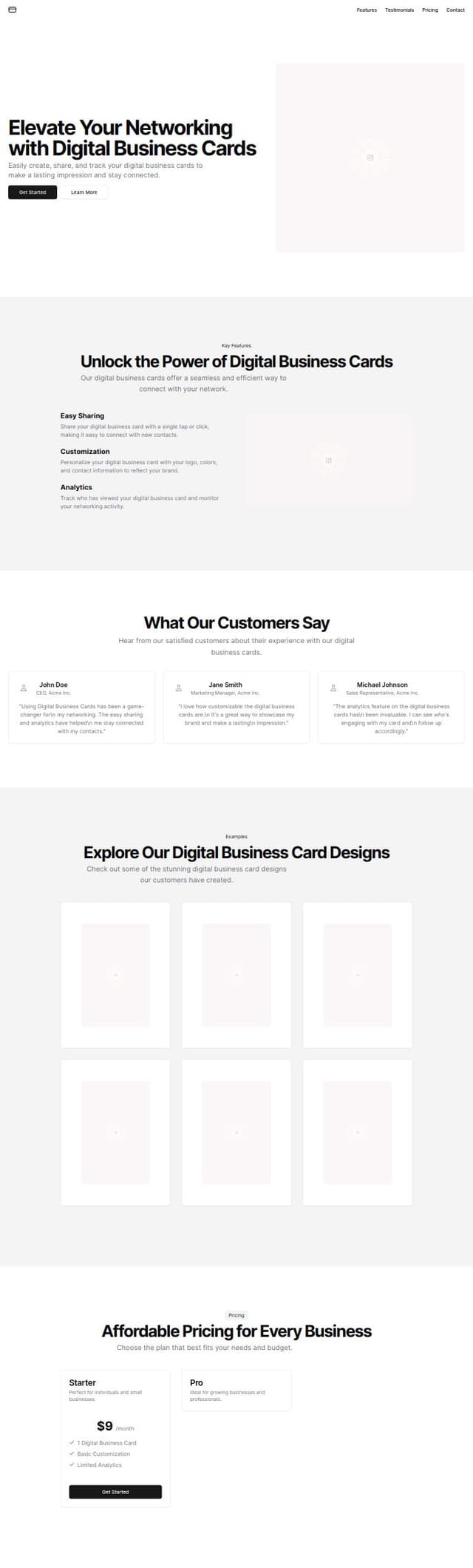 Thumbnail for prompt: A landing page for a business that produces and sells digital business cards