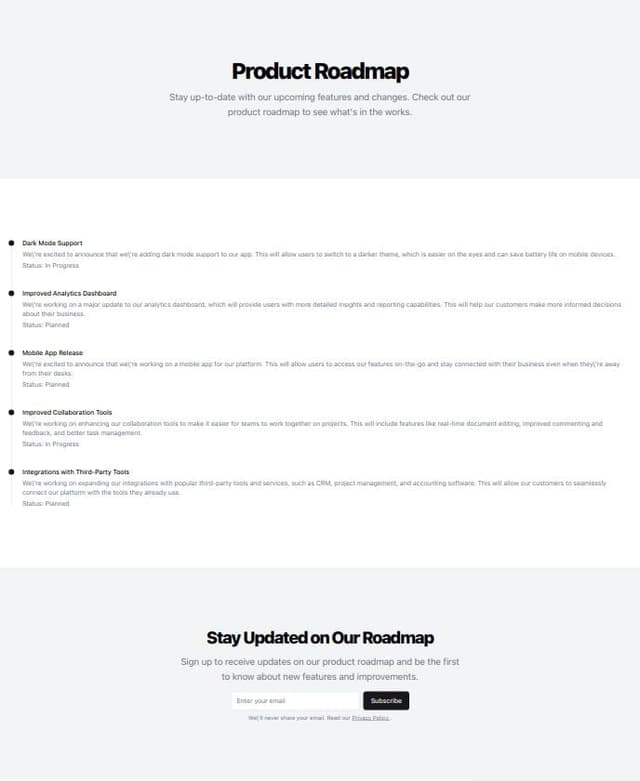 Thumbnail for prompt: create a roadmap page to show upcoming roadmaps and changes for app