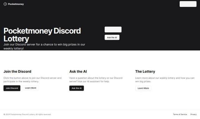 Thumbnail for prompt: Homepage for Discord Lottery sever, called Pocketmoney, ability to join discord ask ai question, etc
