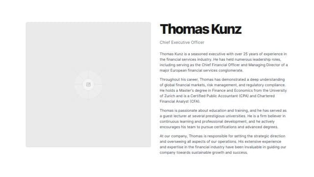 Thumbnail for prompt: For the about the CEO Section. The content:

Über Thomas Kunz, Gründer und Geschäftsführer
Thomas Kunz hat vom 11.11.2000 bis 31.12.2022 seine eigene Direktion im größten Finanzvermittlungskonzern Europas geführt, mit Büros in Wuppertal, Velbert, Frankfurt und Warschau (PL). Seine Leidenschaft für Aus- und Weiterbildung ist bis heute ungebrochen.

Eckpfeiler seiner Ausbildung:

Kaufmann der Grundstücks- und Wohnungswirtschaft (IHK)
Versicherungsfachmann (BWV)
Versicherungsvermittler §34d (IHK)
Finanzanlagenfachmann §34f (IHK)
Immobiliendarlehensvermittler §34i (IHK)
Kreditvermittler §34c
Certified Financial Expert (CFE) Financial Management St. Gallen
AEFO-Ausbilder (IHK)
Certified ESG Consultant (ETHICO)
Mit dieser umfangreichen Expertise und Erfahrung kann Thomas Kunz seinen Kunden durch GuardX fundiertes Wissen und Unterstützung bieten.

