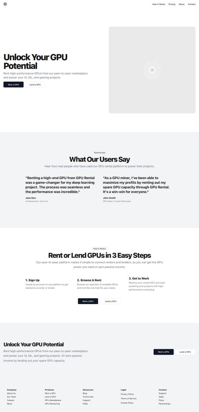 Thumbnail for prompt: A landing page for my p2p gpu rental startup