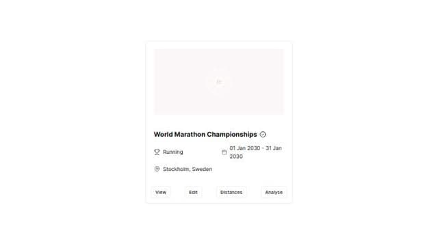Thumbnail for prompt: design me a shadcn/ui card for sport event, image as a header, below that a title with verified checkmark icon on the side of the title
below that we have a list of icon - text, for example:

Trophy icon - Running
Date icon - 01 Jan 2030 - 31 Jan 2030 
Location - Stockholm, Sweden

as a footer we have buttons - view | edit | distances | analyse