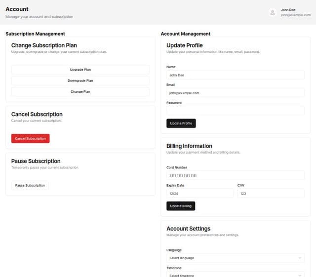 Thumbnail for prompt: manage account page with change subscripton options, cancel subscription, pause subscription options all subscriptonal related things in one area, and general account management options, all options should be in card components